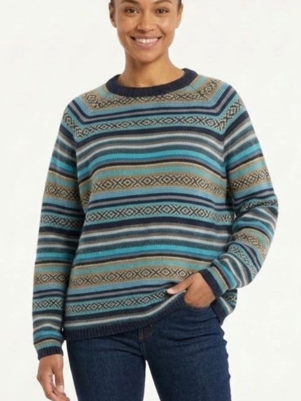 Striped Crewneck Sweater in Blue & Tan